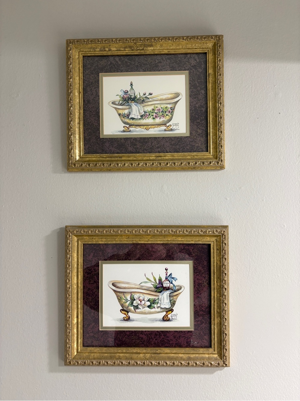 VTG Signed Frankie Buckley Herbal Bath Framed Prints Set of 2 Ornate Gold Frames